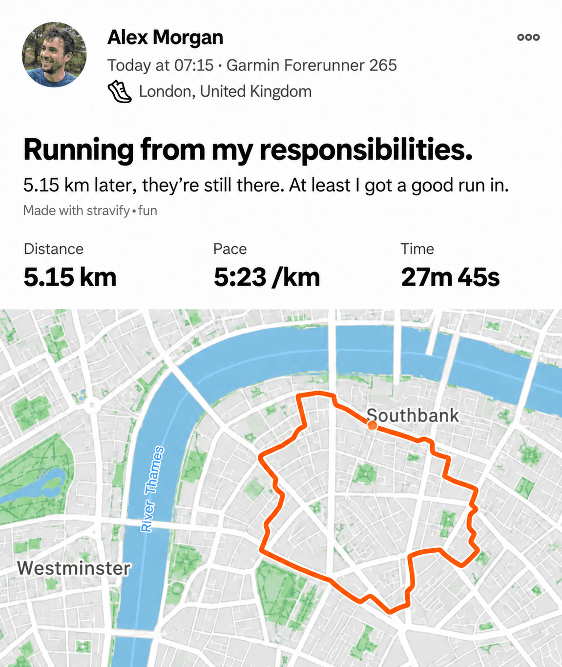 Illustrative Strava running post: “Running from my responsibilities.” Description: “5.15 km later, they’re still there. At least I got a good run in.” A 5.15 km run at 5:23 per km, taking 27m 45s, with an orange loop through Southbank streets.